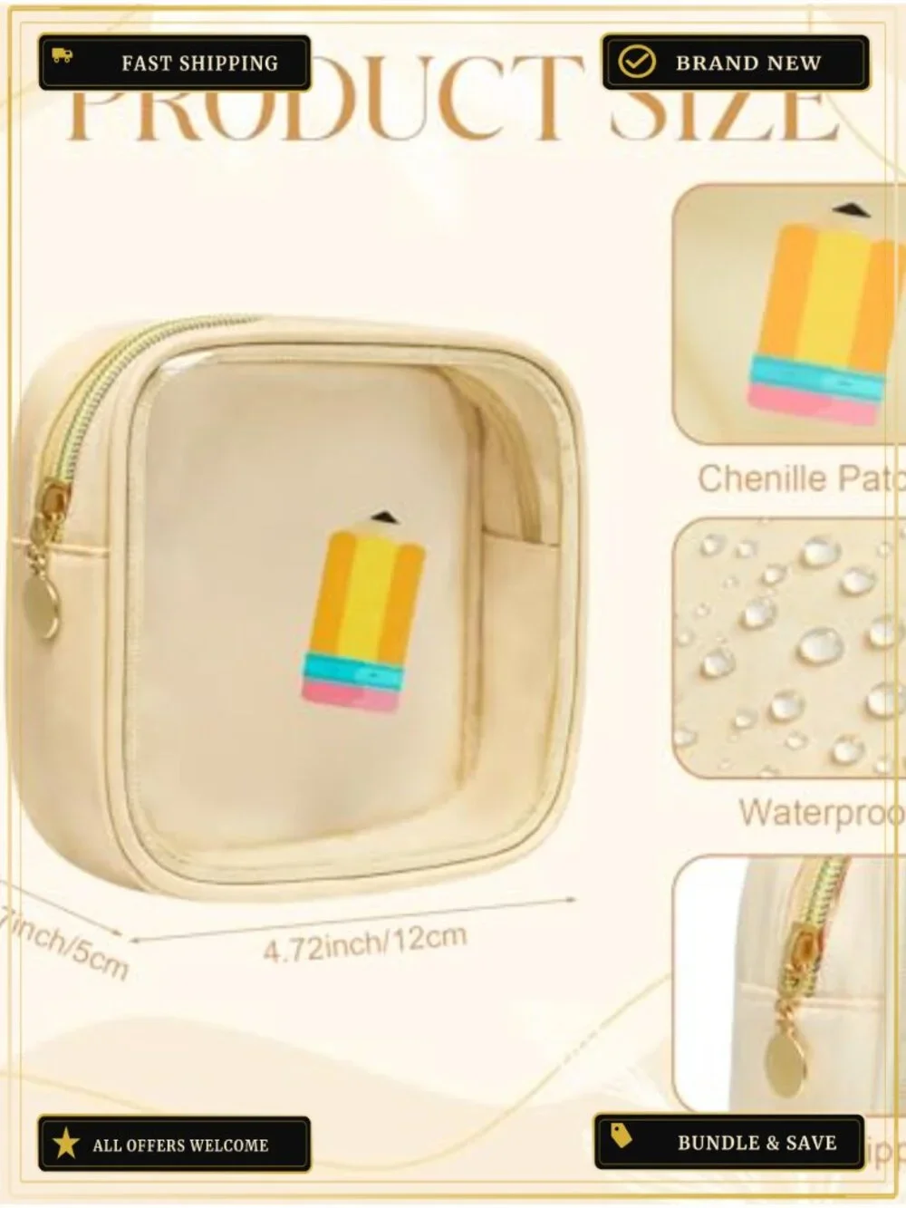 Set of 6 PVC Nylon Mini Makeup Bags with Gold Zippers, Portable Travel Cosmetic